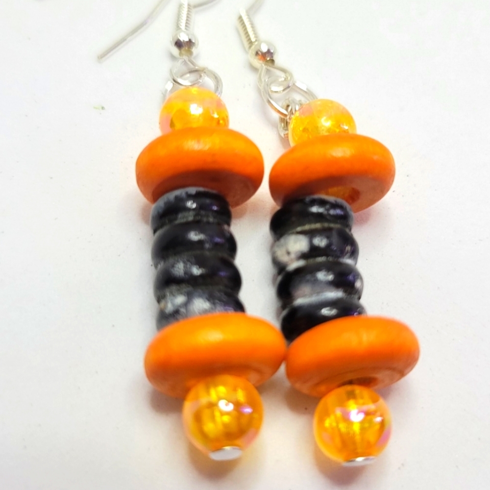 Black tie dye and orange wood bead earrings
